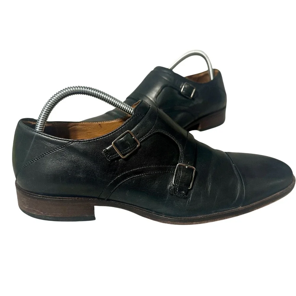 Johnston‎ & Murphy Dress Shoes Double Monk Strap Men 10M Black Cap Toe Leather